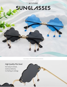 Detail of cloud-shaped sunglasses featuring blue lenses and stylish raindrop pendants