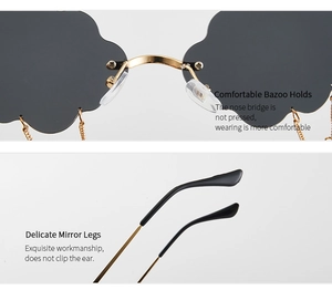 Detail of cloud-shaped sunglasses featuring gold metal bridge and soft silicone nose pads