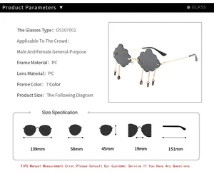 Size chart showing cloud shaped sunglasses dimensions including lens width and arm length