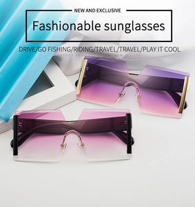 Détail macro de lunettes de soleil carrées sans monture avec verres dégradés violets et charnière