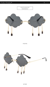 Detail view showing cloud-shaped frameless sunglasses with gold chains and rain drop pendants