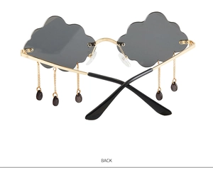 Back view of cloud-shaped sunglasses with metal chains and teardrop pendants