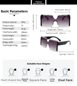 Tableau des tailles détaillé pour lunettes de soleil sans monture avec mesures et alliage