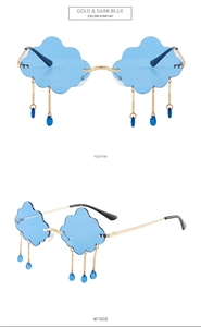 Detail of cloud-shaped rimless blue sunglasses with gold chains and water drop pendants