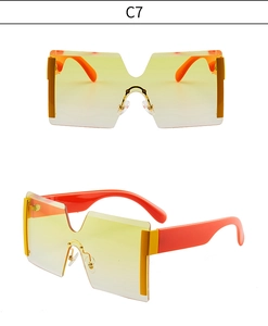 Gros plan sur lunettes de soleil sans monture dégradé orange avec pont en V et branches