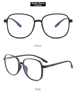 Vista frontale e laterale della montatura TR90 nero opaco con lenti anti-luce blu