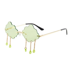 Cloud-shaped rimless sunglasses with green lenses and gold metal dangling raindrop charms