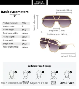 Detailed dimensions of oversized geometric alloy sunglasses with purple gradient lenses