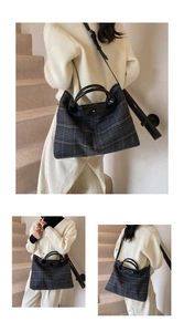 Detail of plaid tote bag featuring grey wool fabric with black leather trim and handles