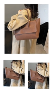 Détail du sac cabas en cuir marron caramel texturé litchi avec rabat avant élégant