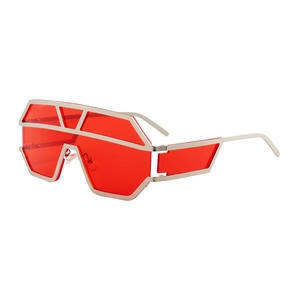 Oversized futuristic shield sunglasses with red lenses and silver metallic geometric frame