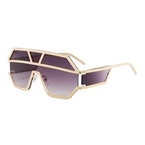 Oversized geometric sunglasses with purple gradient lenses and gold hollow metal frame
