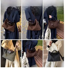 Detailed views of checkered tweed tote bag showing various colors and crossbody styling