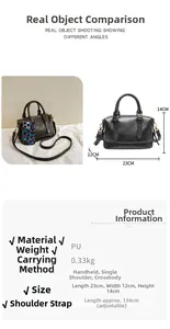 Detailed chart showing black PU leather bowling bag dimensions, weight, and strap length