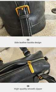 Close-up of golden zipper and adjustable side buckle on a black pebble leather bag