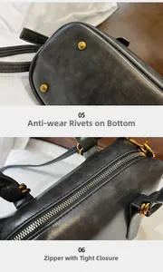 Detail view of anti-wear gold bottom rivets and high-quality metal zipper on black bag
