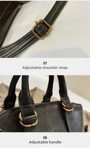 Detail of the adjustable shoulder strap and bronze buckle on the vintage bowling bag