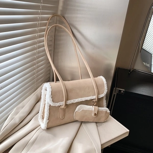 Retro beige underarm bag with faux shearling trim and detachable coin purse