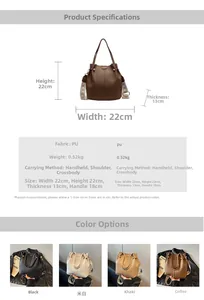 Size chart and specifications for PU bucket bag with wide strap dimensions and four colors