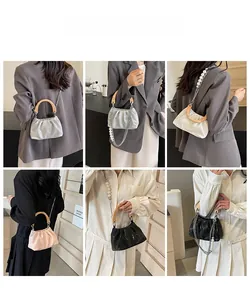 Collage of pleated cloud bags with wooden handles and pearl straps in four colors