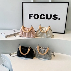 Women Pleated Ruched Cloud Bag With Wood Handle Artificial Pearl Metal Chain Strap Fashion PU Leather Crossbody Shoulder Handbag