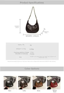 Detailed size specifications and color options for the PU leather half-moon shoulder bag