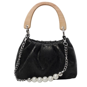 Black pleated cloud handbag with wooden handle and pearl chain strap for women