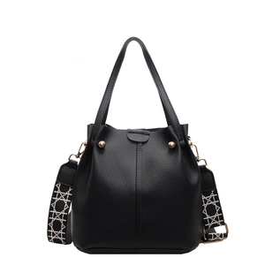 Classic black lychee pattern leather bucket bag with geometric woven wide strap