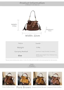 Detailed size specifications for leopard print faux suede tote bag showing dimensions