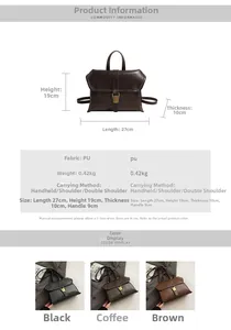 Detailed product dimensions and multi-color options for the vintage PU leather satchel