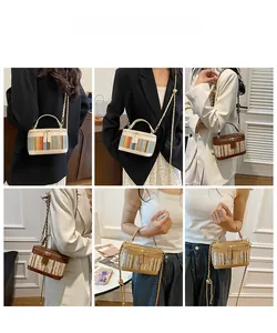 Collage of chic woven box bags with colorful stripes and chain straps shown on a model