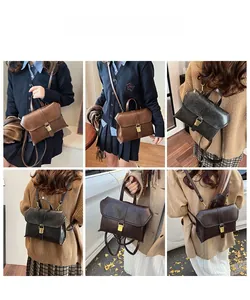 Collage showing various carrying styles of a vintage academy leather briefcase bag