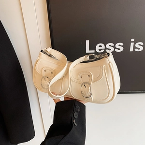 Chic cream white motorcycle shoulder bag with vintage silver buckles and metal chain strap