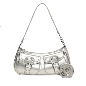 Silver metallic Y2K shoulder bag with double front pockets and adjustable straps