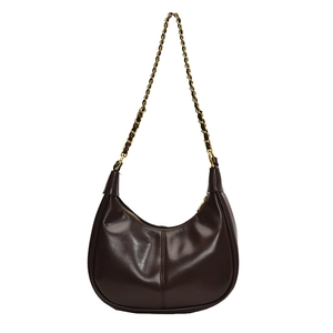 Modern dark brown hobo bag with a stylish gold chain and glossy leather finish