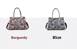 Close-up of snake skin pattern texture on wine red and blue tote handbags