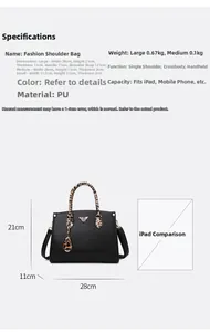 Detail view of black tote bag with leopard print handles and dimension measurements