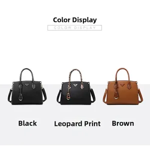 Detailed comparison of trapezoidal tote bags in black, leopard print, and brown textures