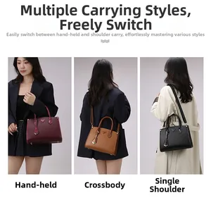 Saffiano leather tote bags in burgundy, brown and black shown in multiple carry styles