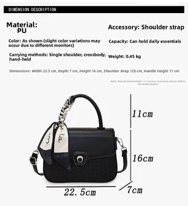 Detailed size specifications for black quilted PU leather crossbody bag with scarf