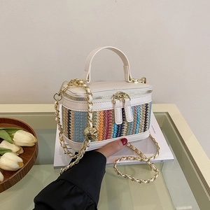 French style striped vanity bag with white leather trim and gold chain shoulder strap