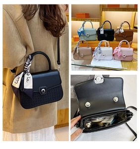 Detailed interior view and six color options of the woven flap crossbody bag with scarf