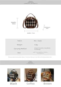 Detailed size specifications for a vintage checkered round crossbody bag with dimensions