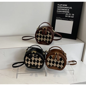 Vintage Round Crossbody Bag PU Leather Argyle Fabric Women Circular Shoulder Handbag Fashion Purse