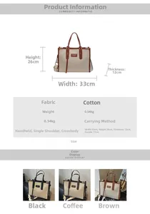 Detailed size chart for large canvas tote bag with 33x26x12cm dimensions and color options