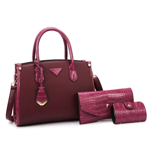 Deep burgundy 3-piece bag set with tote, wallet and key pouch in textured faux leather