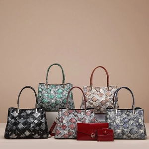 Fashion Snake Print Handbag PU Leather Tote Shoulder Crossbody Bag With Envelope Purse And Card Holder