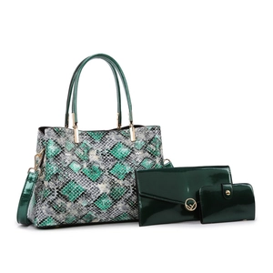 Three-piece women's handbag set featuring snakeskin pattern and glossy green finish