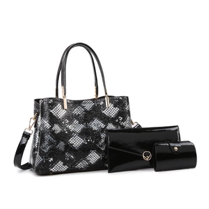 Three-piece snakeskin pattern handbag set with crossbody strap and gold metal logo