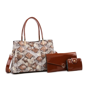 Three-piece snakeskin print handbag set with shoulder strap and matching clutch bags